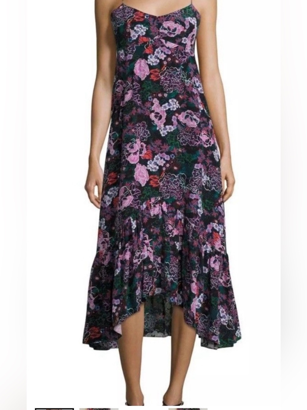SALONI Black Floral High-Low Midi Skirt with Pink & Green Accents